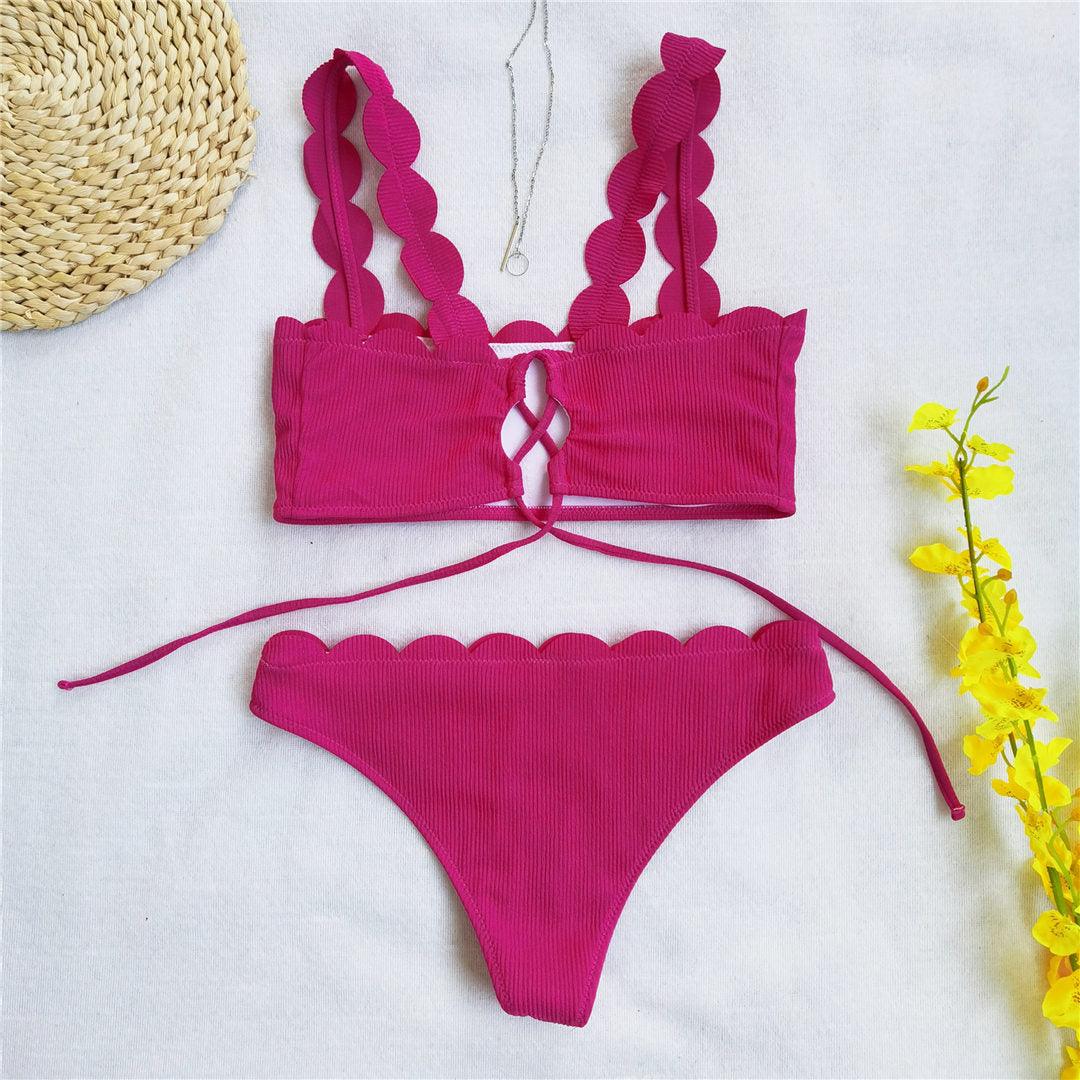 Summer Blue Bikini Women Swimwear Female Swimsuit Women’s Floral Print Lace-up Strapless Padded Comfortable Swimwear Bathing Suit Two-pieces Bikini Set Knotted Bathing Swim Suit