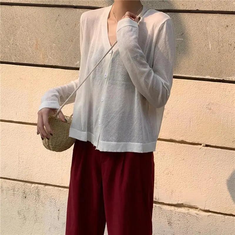 Cardigan For Women Long Sleeve Cardigan Summer Cropped Cardigan Knitted V neck Thin Ice Silk Sweaters Sunscreen Shirt Tops
