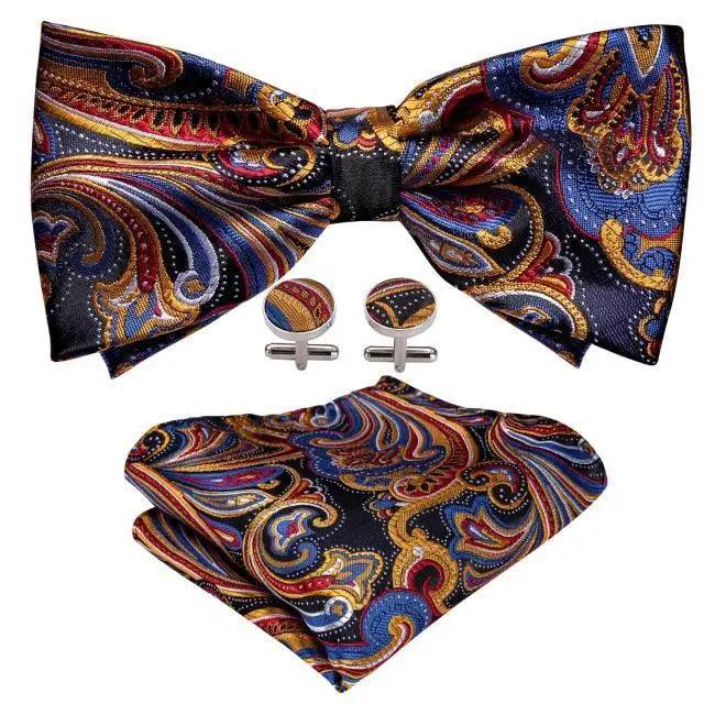 Trendy Patterned Silk Jacquard Plaid Bowtie With Pocket Square And Cufflinks Set For Men Unique Butterfly Party Wedding Casual Business Bowtie For Men