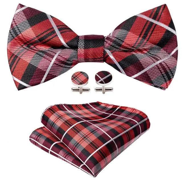 Trendy Patterned Silk Jacquard Plaid Bowtie With Pocket Square And Cufflinks Set For Men Unique Butterfly Party Wedding Casual Business Bowtie For Men
