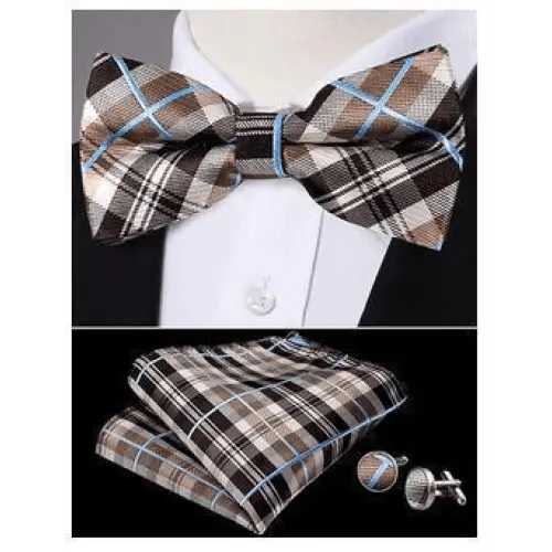Trendy Patterned Silk Jacquard Plaid Bowtie With Pocket Square And Cufflinks Set For Men Unique Butterfly Party Wedding Casual Business Bowtie For Men