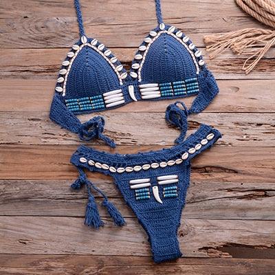 Vintage Blue Bikinis 2 Piece Halter Bikini Set Women High Waist Sequin Swimsuit Set Handmade Crochet High Quality Swimsuit Women Push Up Swimwear Knitted Beach Wear Bathing Suit
