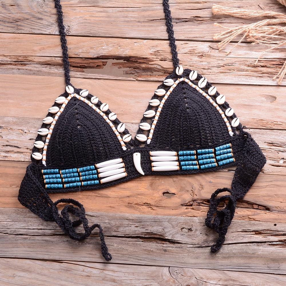 Vintage Blue Bikinis 2 Piece Halter Bikini Set Women High Waist Sequin Swimsuit Set Handmade Crochet High Quality Swimsuit Women Push Up Swimwear Knitted Beach Wear Bathing Suit