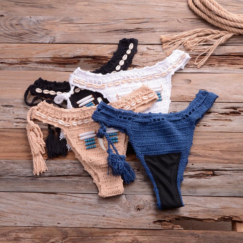 Vintage Blue Bikinis 2 Piece Halter Bikini Set Women High Waist Sequin Swimsuit Set Handmade Crochet High Quality Swimsuit Women Push Up Swimwear Knitted Beach Wear Bathing Suit