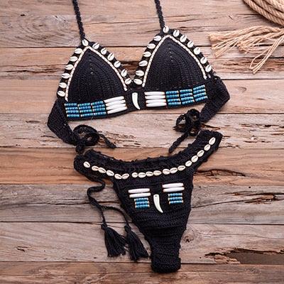 Vintage Blue Bikinis 2 Piece Halter Bikini Set Women High Waist Sequin Swimsuit Set Handmade Crochet High Quality Swimsuit Women Push Up Swimwear Knitted Beach Wear Bathing Suit