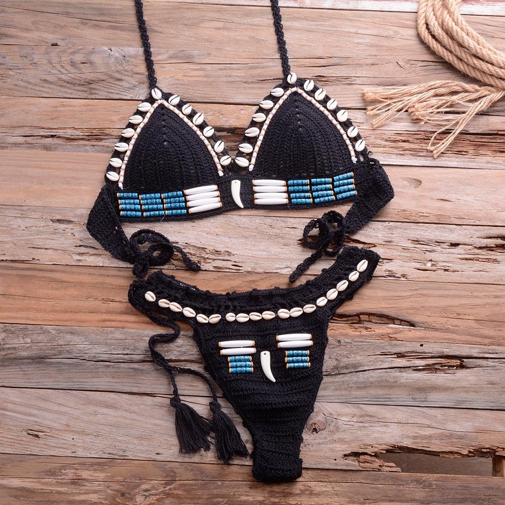 Vintage Blue Bikinis 2 Piece Halter Bikini Set Women High Waist Sequin Swimsuit Set Handmade Crochet High Quality Swimsuit Women Push Up Swimwear Knitted Beach Wear Bathing Suit