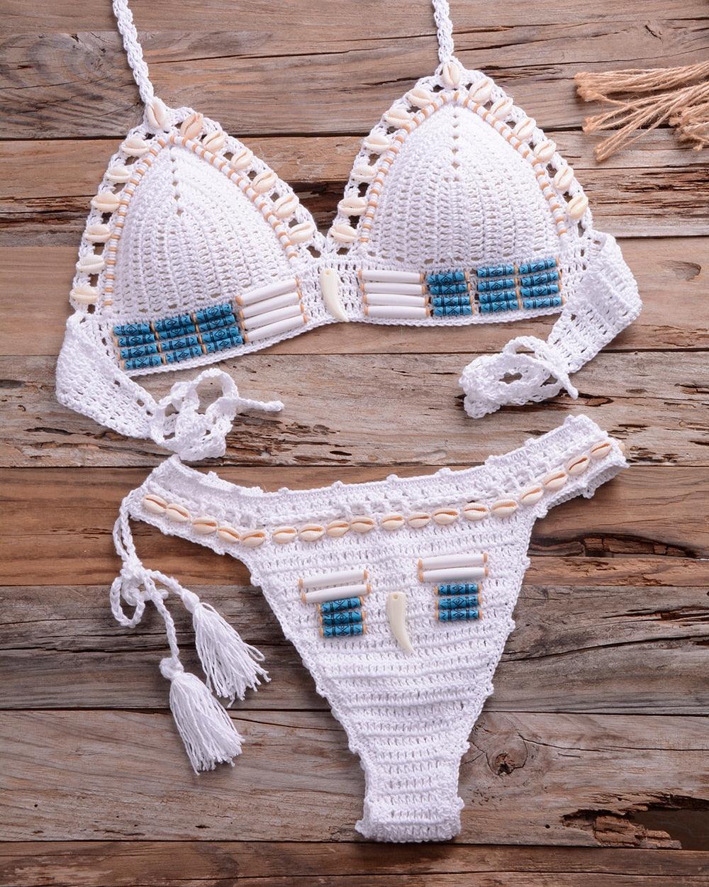 Vintage Blue Bikinis 2 Piece Halter Bikini Set Women High Waist Sequin Swimsuit Set Handmade Crochet High Quality Swimsuit Women Push Up Swimwear Knitted Beach Wear Bathing Suit