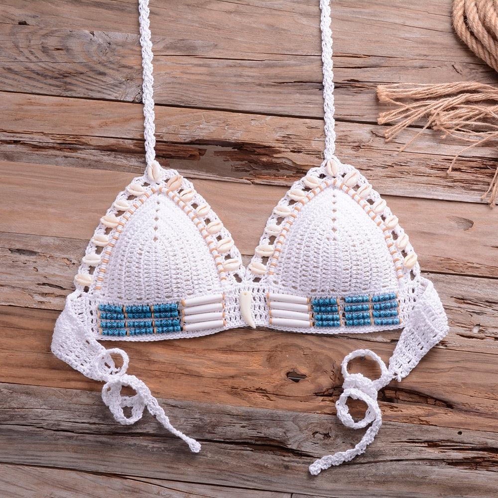 Vintage Blue Bikinis 2 Piece Halter Bikini Set Women High Waist Sequin Swimsuit Set Handmade Crochet High Quality Swimsuit Women Push Up Swimwear Knitted Beach Wear Bathing Suit