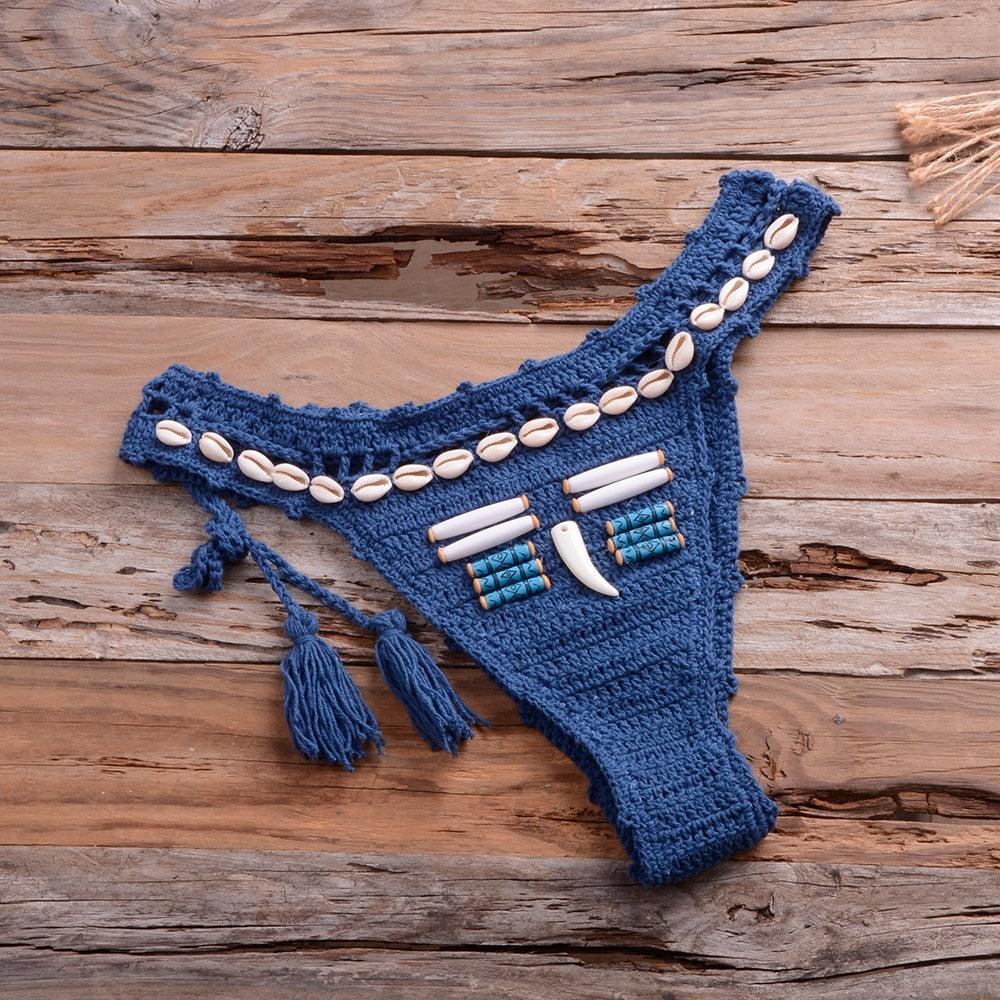 Vintage Blue Bikinis 2 Piece Halter Bikini Set Women High Waist Sequin Swimsuit Set Handmade Crochet High Quality Swimsuit Women Push Up Swimwear Knitted Beach Wear Bathing Suit