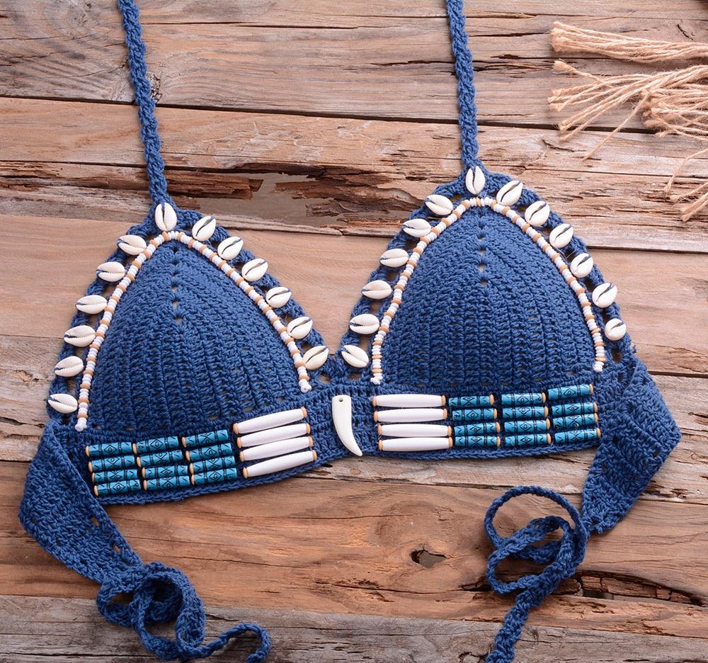Vintage Blue Bikinis 2 Piece Halter Bikini Set Women High Waist Sequin Swimsuit Set Handmade Crochet High Quality Swimsuit Women Push Up Swimwear Knitted Beach Wear Bathing Suit