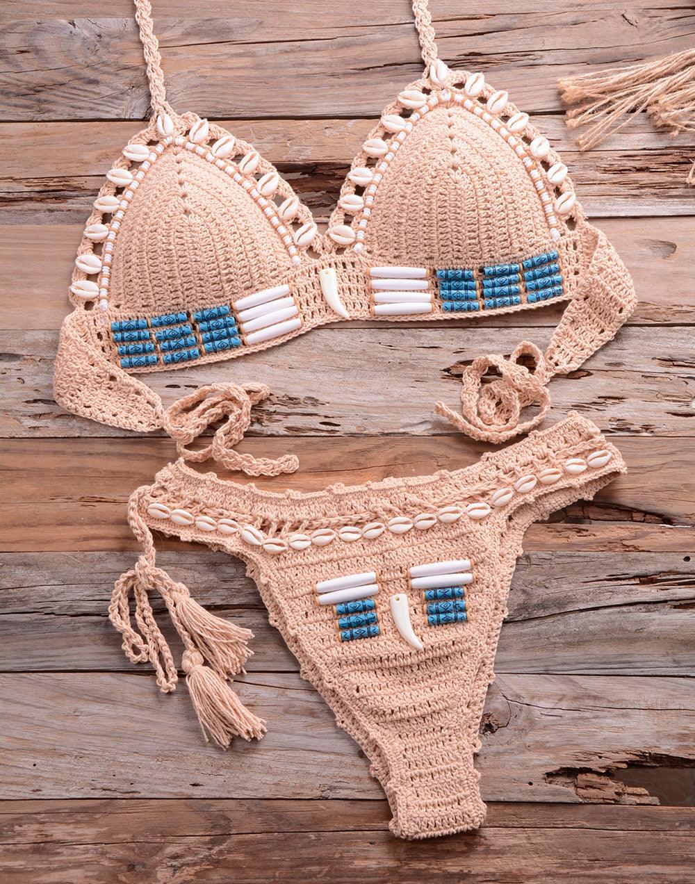 Vintage Blue Bikinis 2 Piece Halter Bikini Set Women High Waist Sequin Swimsuit Set Handmade Crochet High Quality Swimsuit Women Push Up Swimwear Knitted Beach Wear Bathing Suit