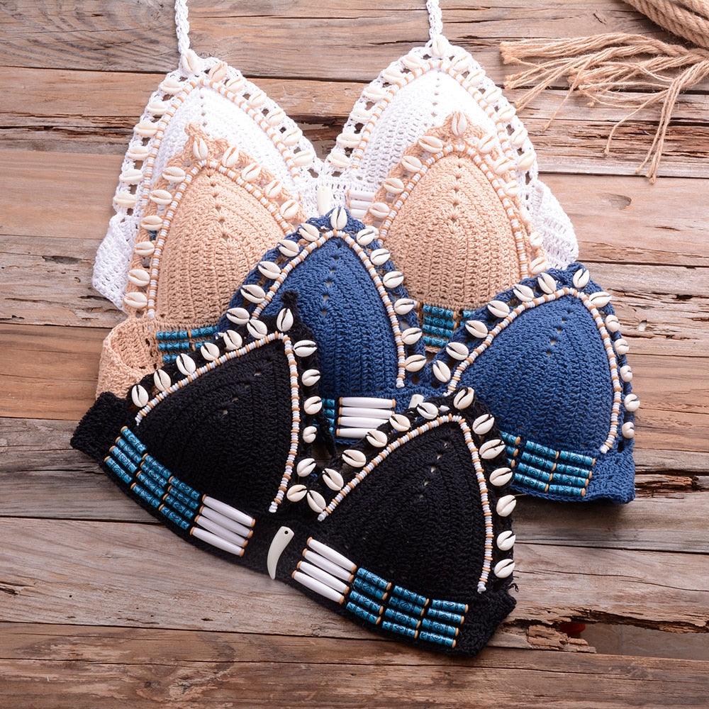 Vintage Blue Bikinis 2 Piece Halter Bikini Set Women High Waist Sequin Swimsuit Set Handmade Crochet High Quality Swimsuit Women Push Up Swimwear Knitted Beach Wear Bathing Suit