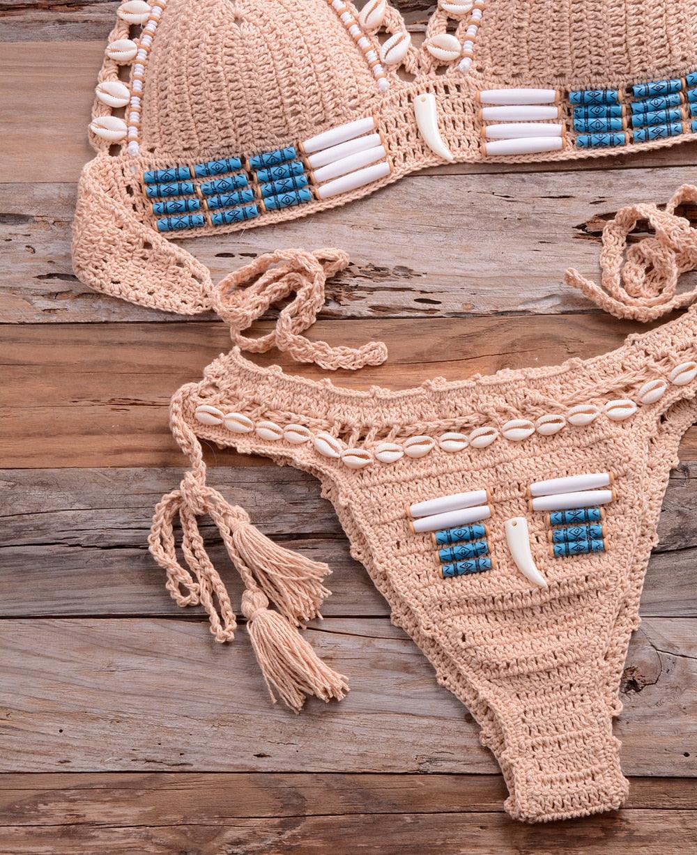Vintage Blue Bikinis 2 Piece Halter Bikini Set Women High Waist Sequin Swimsuit Set Handmade Crochet High Quality Swimsuit Women Push Up Swimwear Knitted Beach Wear Bathing Suit