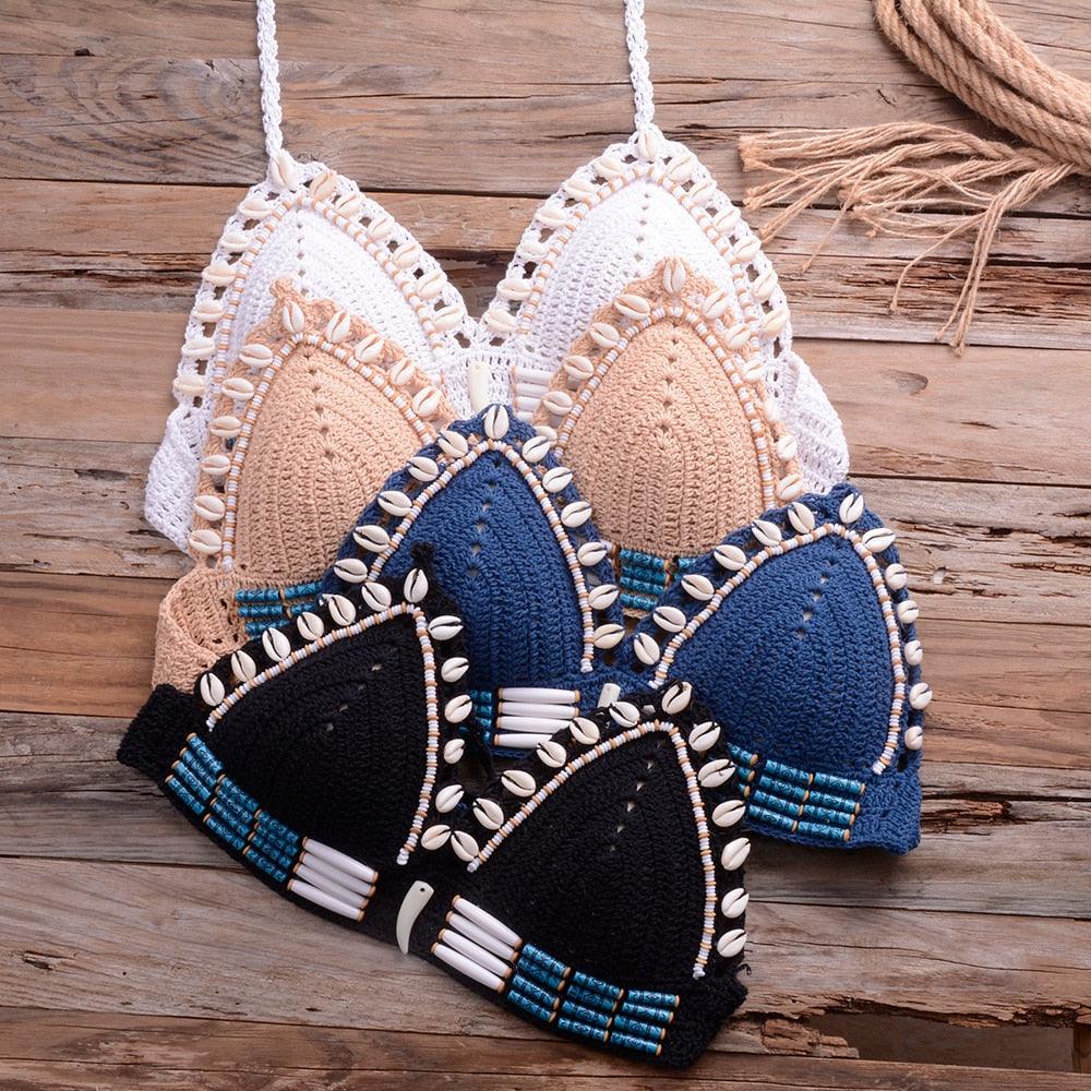 Vintage Blue Bikinis 2 Piece Halter Bikini Set Women High Waist Sequin Swimsuit Set Handmade Crochet High Quality Swimsuit Women Push Up Swimwear Knitted Beach Wear Bathing Suit