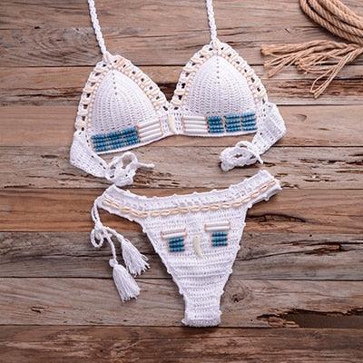 Vintage Blue Bikinis 2 Piece Halter Bikini Set Women High Waist Sequin Swimsuit Set Handmade Crochet High Quality Swimsuit Women Push Up Swimwear Knitted Beach Wear Bathing Suit