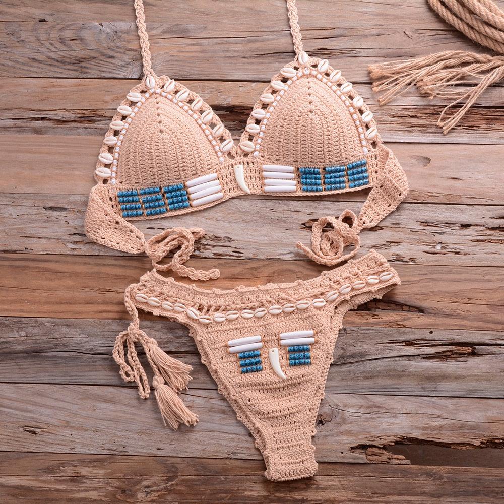 Vintage Blue Bikinis 2 Piece Halter Bikini Set Women High Waist Sequin Swimsuit Set Handmade Crochet High Quality Swimsuit Women Push Up Swimwear Knitted Beach Wear Bathing Suit
