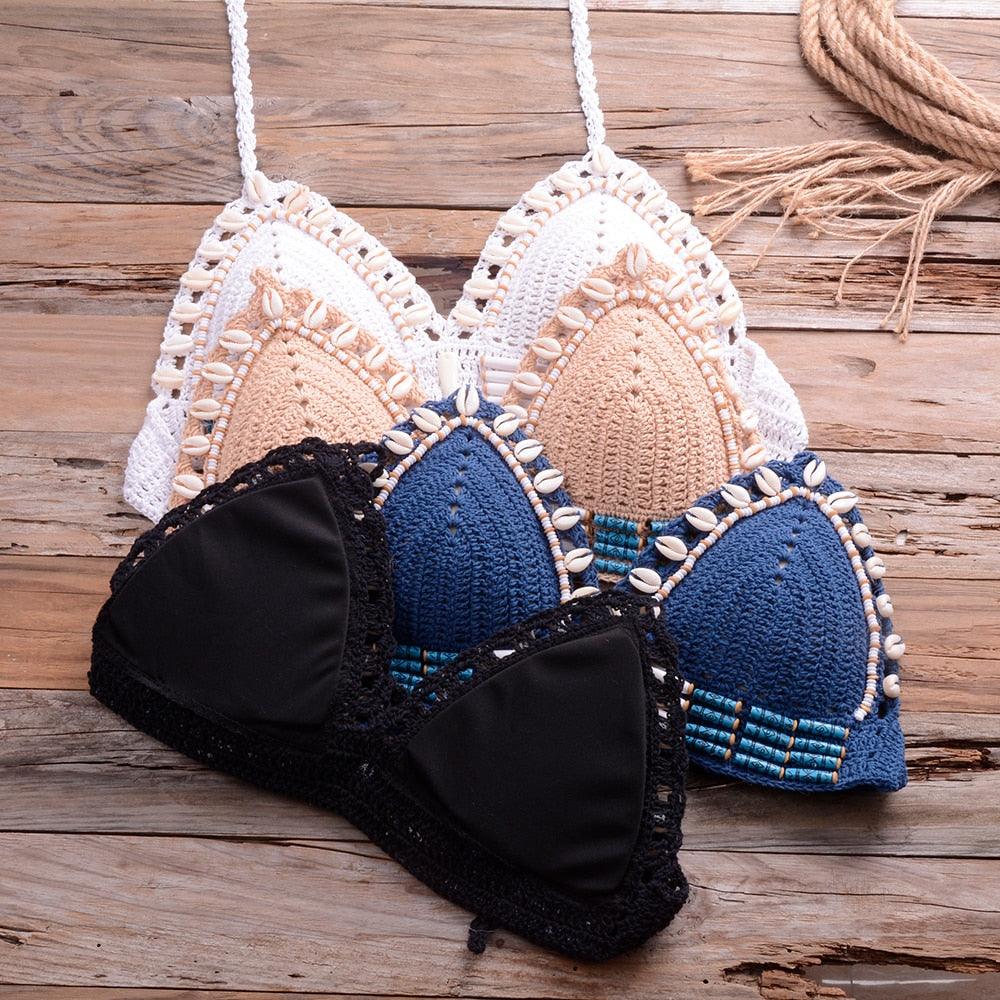 Vintage Blue Bikinis 2 Piece Halter Bikini Set Women High Waist Sequin Swimsuit Set Handmade Crochet High Quality Swimsuit Women Push Up Swimwear Knitted Beach Wear Bathing Suit