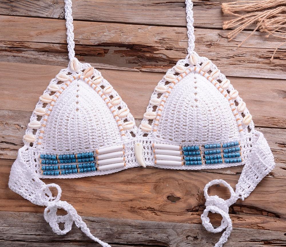 Vintage Blue Bikinis 2 Piece Halter Bikini Set Women High Waist Sequin Swimsuit Set Handmade Crochet High Quality Swimsuit Women Push Up Swimwear Knitted Beach Wear Bathing Suit