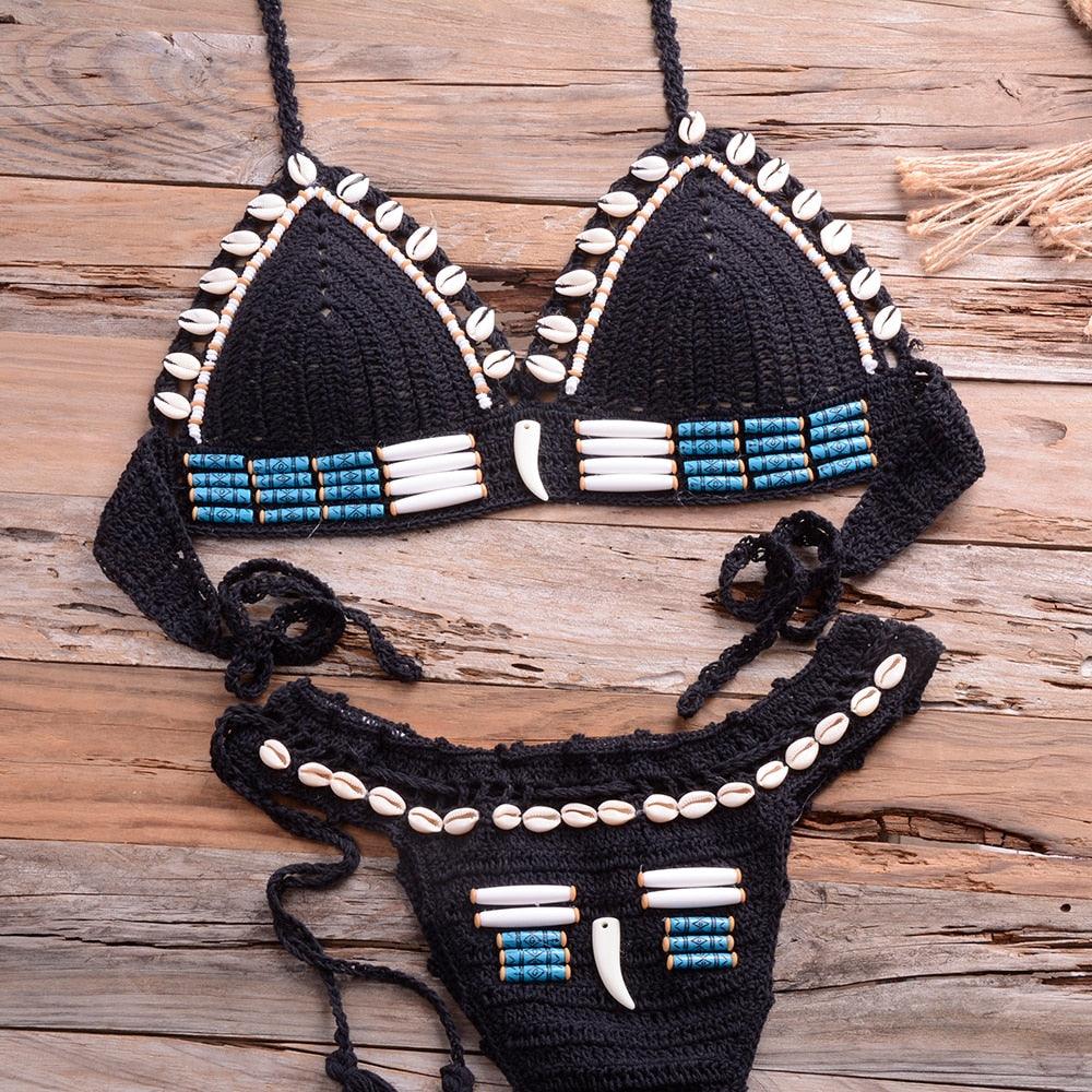 Vintage Blue Bikinis 2 Piece Halter Bikini Set Women High Waist Sequin Swimsuit Set Handmade Crochet High Quality Swimsuit Women Push Up Swimwear Knitted Beach Wear Bathing Suit
