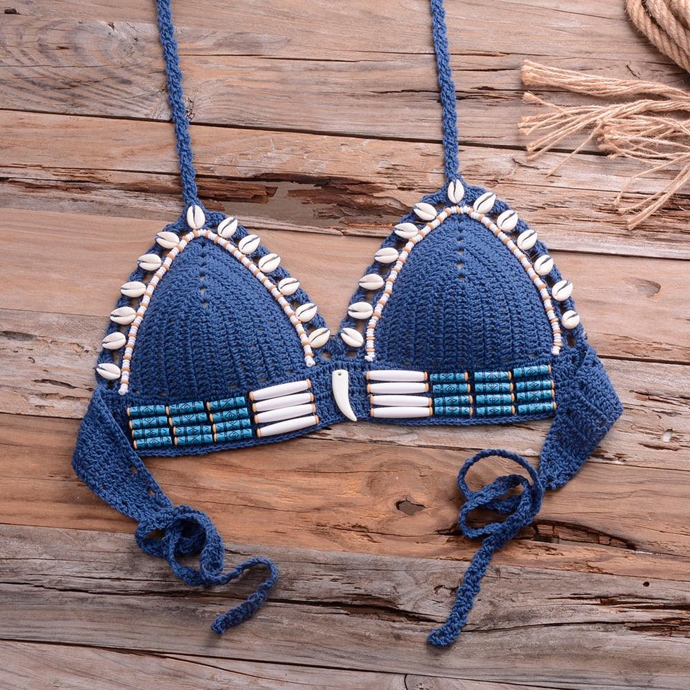 Vintage Blue Bikinis 2 Piece Halter Bikini Set Women High Waist Sequin Swimsuit Set Handmade Crochet High Quality Swimsuit Women Push Up Swimwear Knitted Beach Wear Bathing Suit