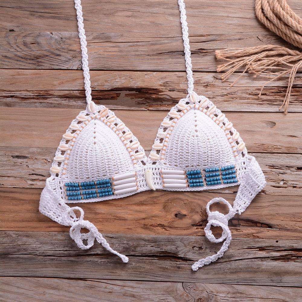 Vintage Blue Bikinis 2 Piece Halter Bikini Set Women High Waist Sequin Swimsuit Set Handmade Crochet High Quality Swimsuit Women Push Up Swimwear Knitted Beach Wear Bathing Suit