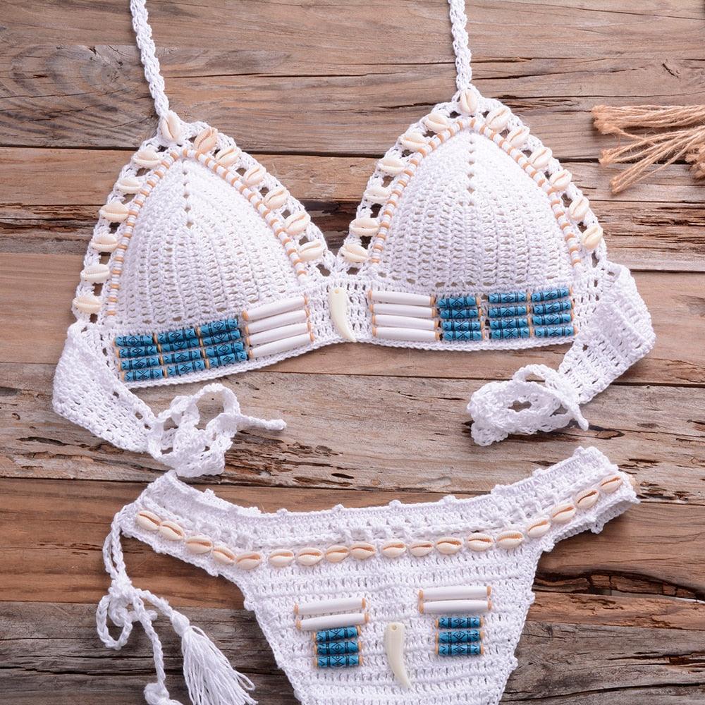 Vintage Blue Bikinis 2 Piece Halter Bikini Set Women High Waist Sequin Swimsuit Set Handmade Crochet High Quality Swimsuit Women Push Up Swimwear Knitted Beach Wear Bathing Suit