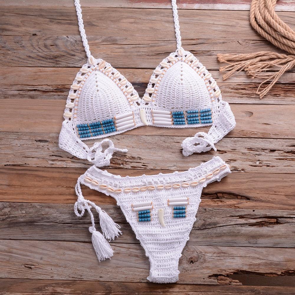 Vintage Blue Bikinis 2 Piece Halter Bikini Set Women High Waist Sequin Swimsuit Set Handmade Crochet High Quality Swimsuit Women Push Up Swimwear Knitted Beach Wear Bathing Suit