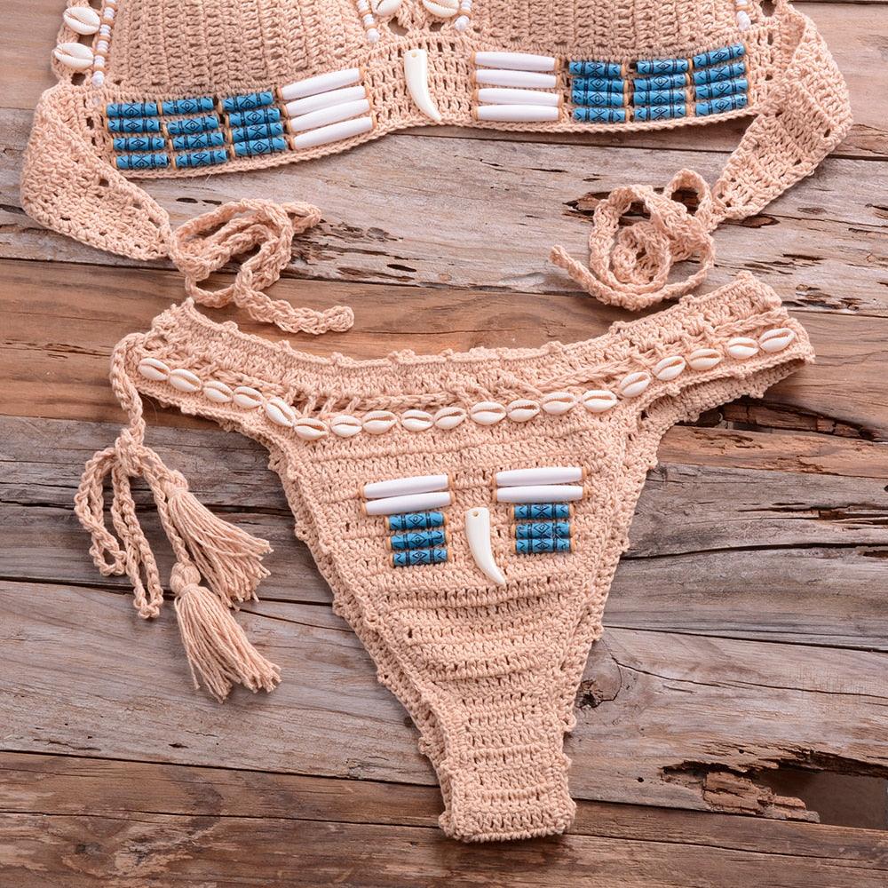 Vintage Blue Bikinis 2 Piece Halter Bikini Set Women High Waist Sequin Swimsuit Set Handmade Crochet High Quality Swimsuit Women Push Up Swimwear Knitted Beach Wear Bathing Suit