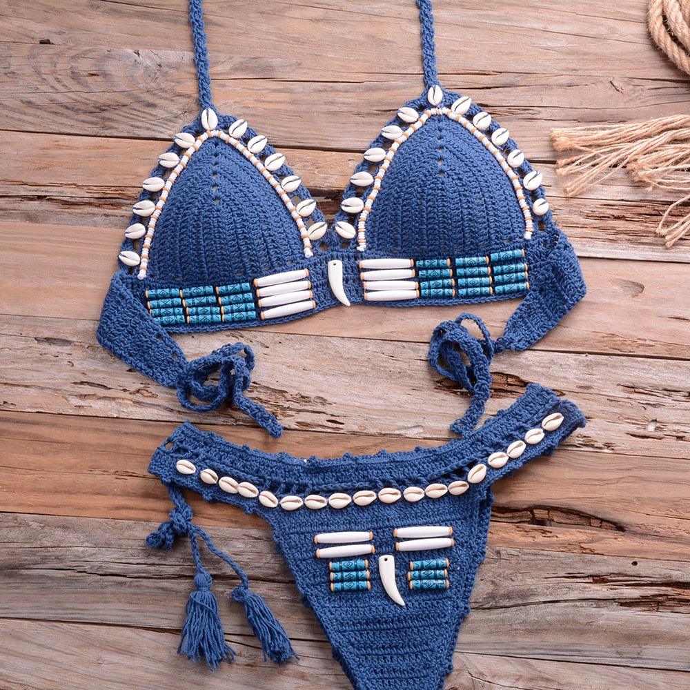 Vintage Blue Bikinis 2 Piece Halter Bikini Set Women High Waist Sequin Swimsuit Set Handmade Crochet High Quality Swimsuit Women Push Up Swimwear Knitted Beach Wear Bathing Suit