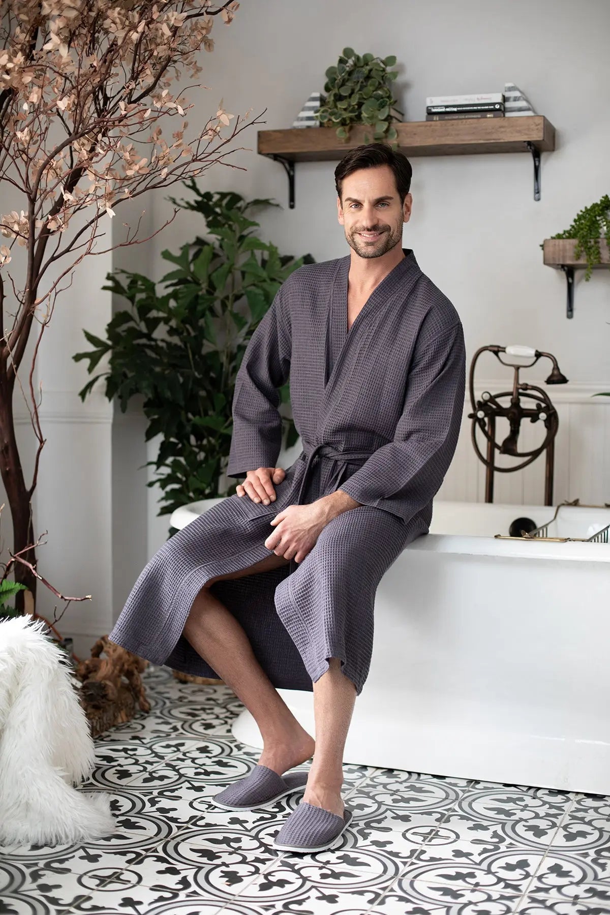 Waffle Spa Bathrobe for Men - Absorbent, Lightweight