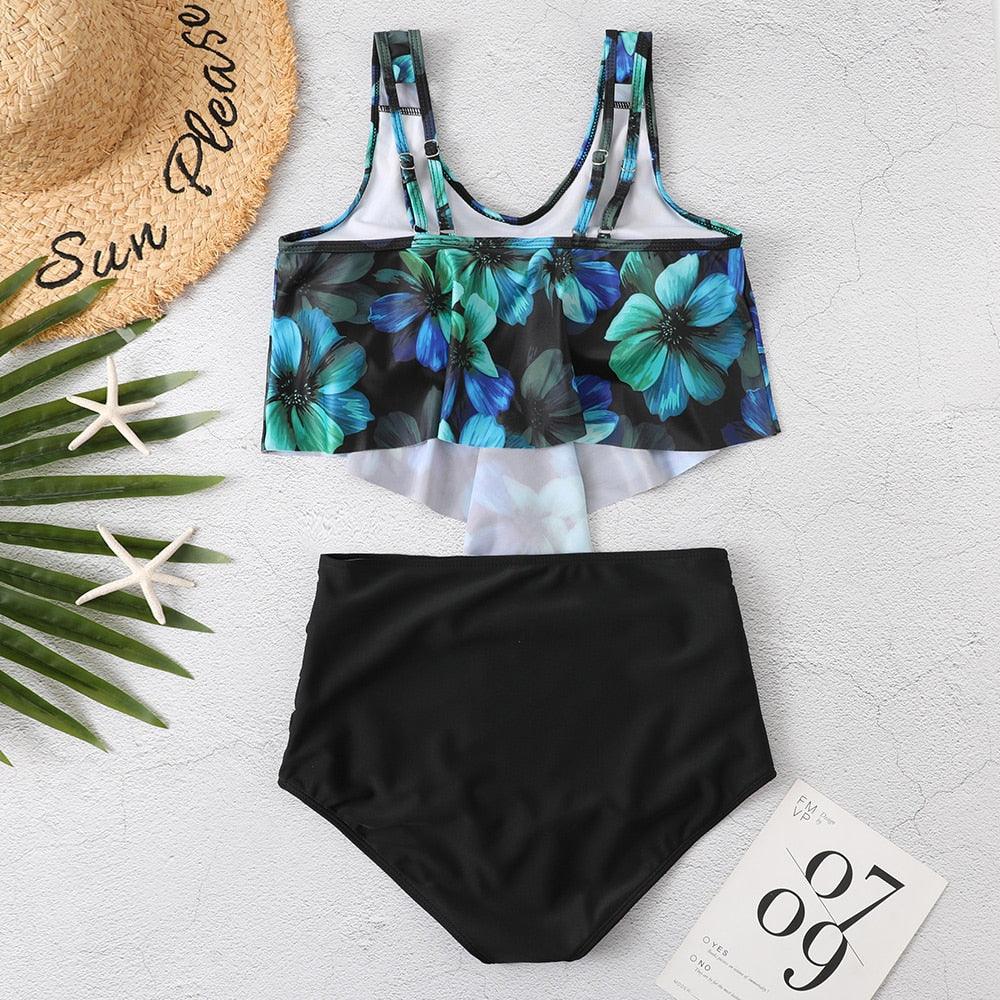 Women High Waist Bikini Plus Size Swimwear Summer Swimsuit Beach Bathing Suit Ruffle Bikini Floral Printed Ruffle High Waist Bikini Set Women's Tummy Control Bathing Suit Swimsuit Flounce Peplum