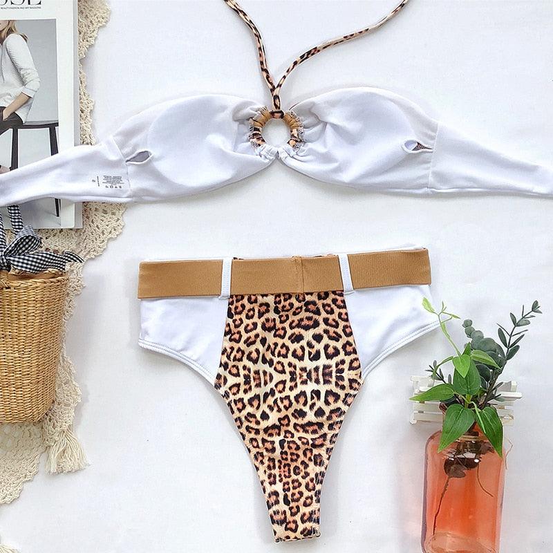 Women Luxury Leopard High Waist Bikini Swimsuit Women's Push Up Bra Tie Side Cutout Bikini Set High Cut Padded Solid Bating Suit Swimwear Female Bikini Set Bathing Suit