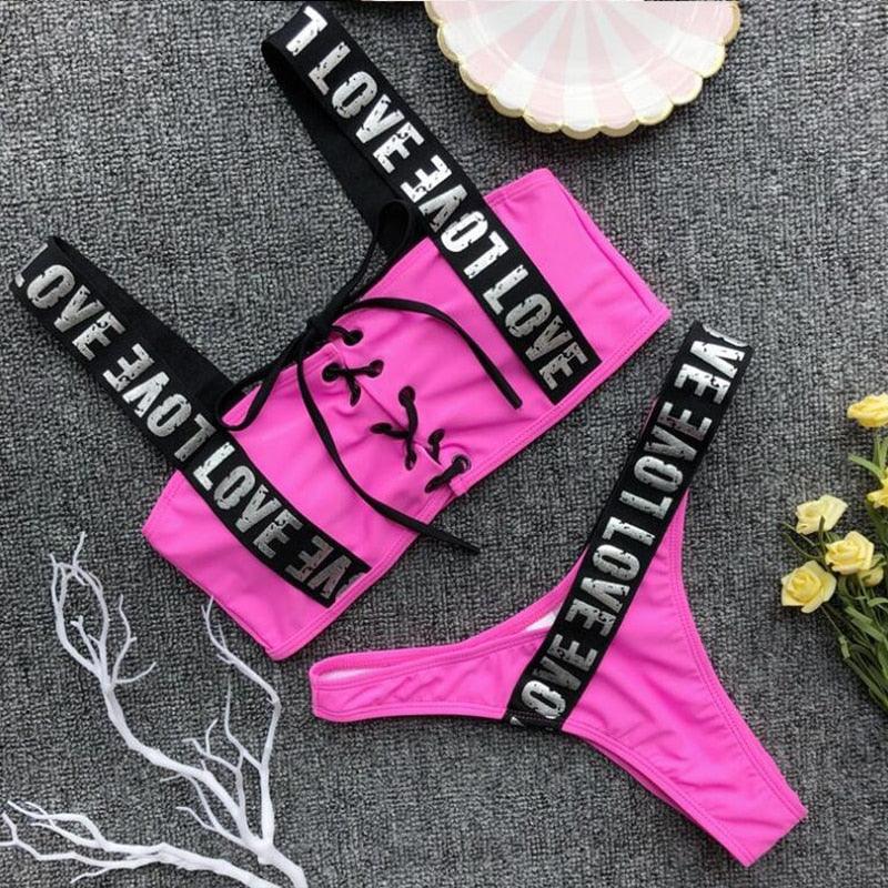 Women Two Piece Swimsuit Push Up Bikini Swimsuit For Women Two Piece High Waist Crisscross Halter Bikini Letter Printed Bathing Suits 2 Piece Bikini Luxury Bikini Set Sports Swimwear Swimsuit Backless Beachwear Bathing Suit