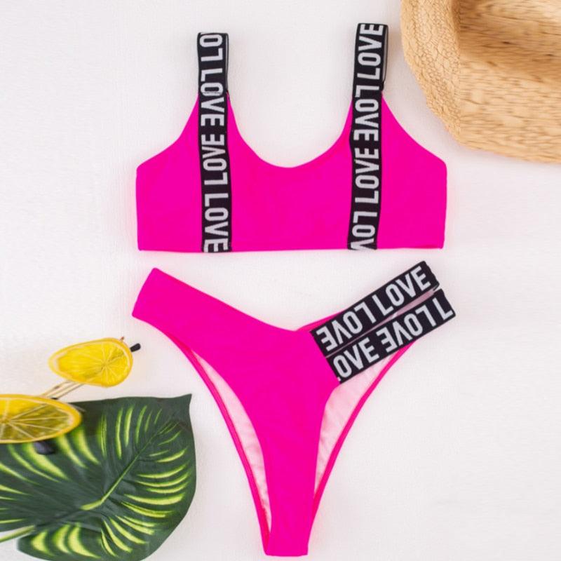 Women Two Piece Swimsuit Push Up Bikini Swimsuit For Women Two Piece High Waist Crisscross Halter Bikini Letter Printed Bathing Suits 2 Piece Bikini Luxury Bikini Set Sports Swimwear Swimsuit Backless Beachwear Bathing Suit