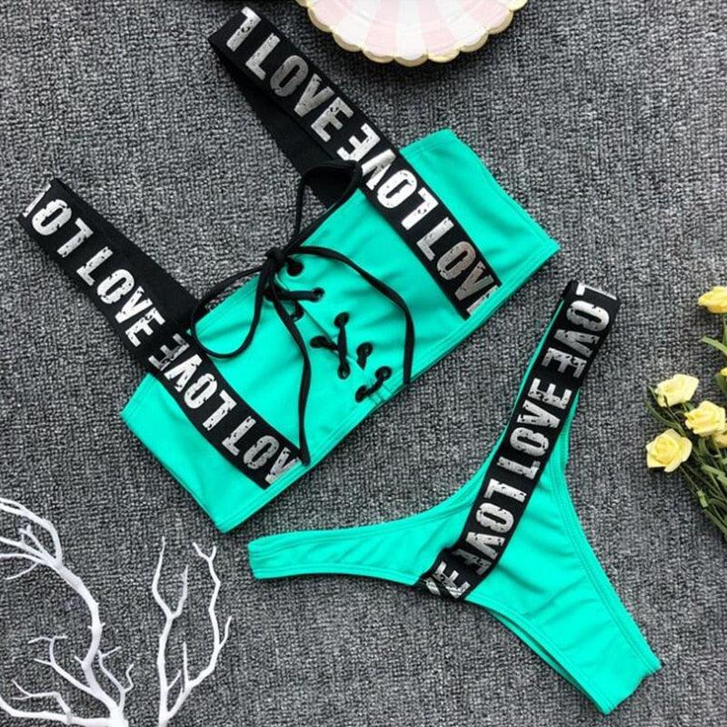 Women Two Piece Swimsuit Push Up Bikini Swimsuit For Women Two Piece High Waist Crisscross Halter Bikini Letter Printed Bathing Suits 2 Piece Bikini Luxury Bikini Set Sports Swimwear Swimsuit Backless Beachwear Bathing Suit