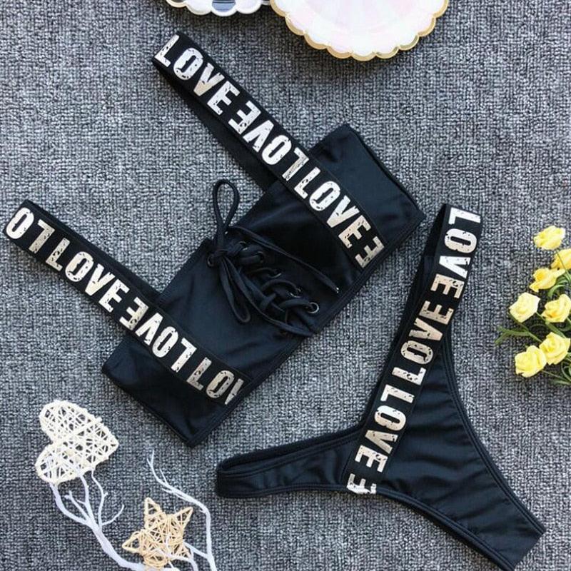 Women Two Piece Swimsuit Push Up Bikini Swimsuit For Women Two Piece High Waist Crisscross Halter Bikini Letter Printed Bathing Suits 2 Piece Bikini Luxury Bikini Set Sports Swimwear Swimsuit Backless Beachwear Bathing Suit