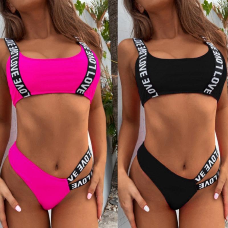 Women Two Piece Swimsuit Push Up Bikini Swimsuit For Women Two Piece High Waist Crisscross Halter Bikini Letter Printed Bathing Suits 2 Piece Bikini Luxury Bikini Set Sports Swimwear Swimsuit Backless Beachwear Bathing Suit