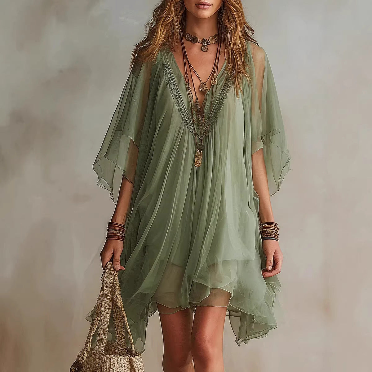 Robe de plage bohème en mousseline de soie à manches chauve-souris et col en V pour femme