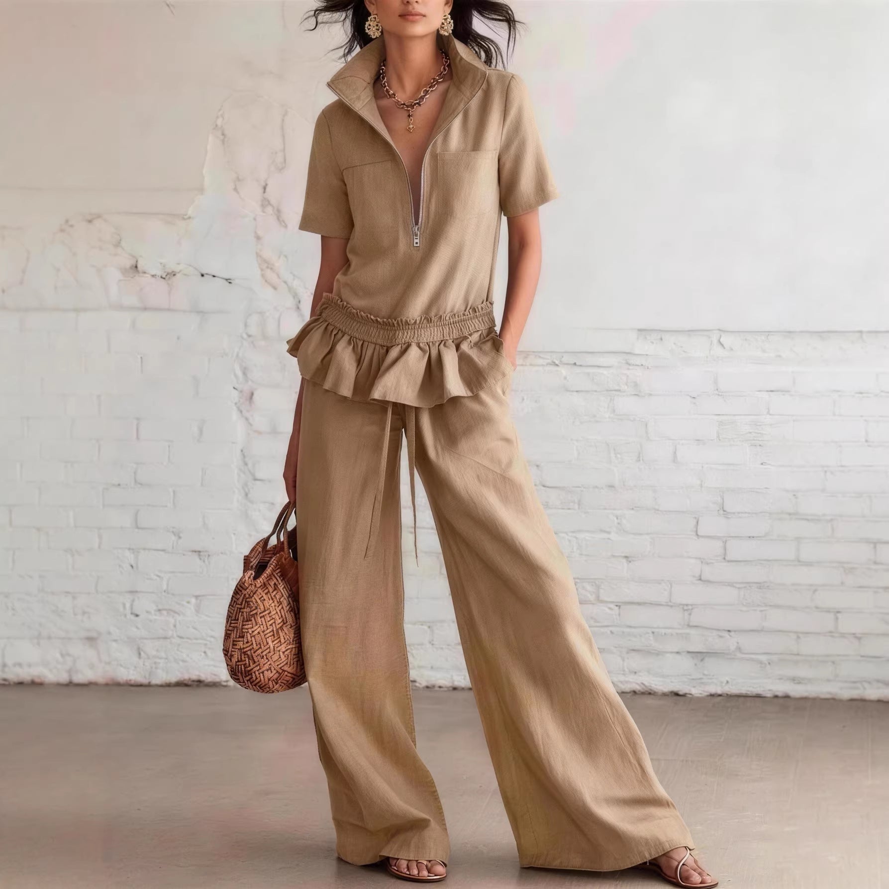 Women's Sleeveless Shirt & Wide-Leg Trousers Set – Solid Color 2-Piece