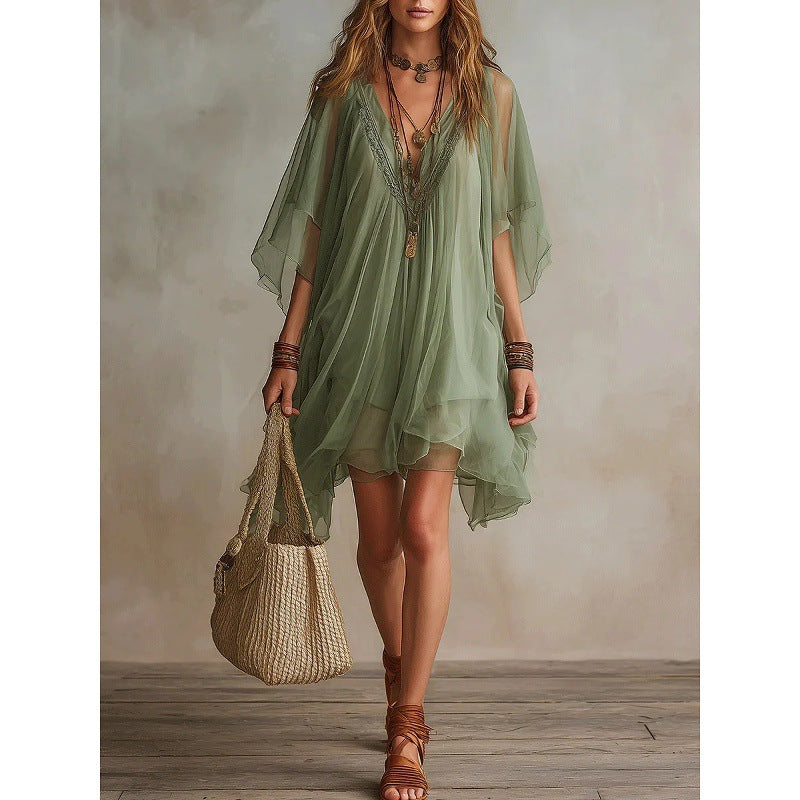 Robe de plage bohème en mousseline de soie à manches chauve-souris et col en V pour femme
