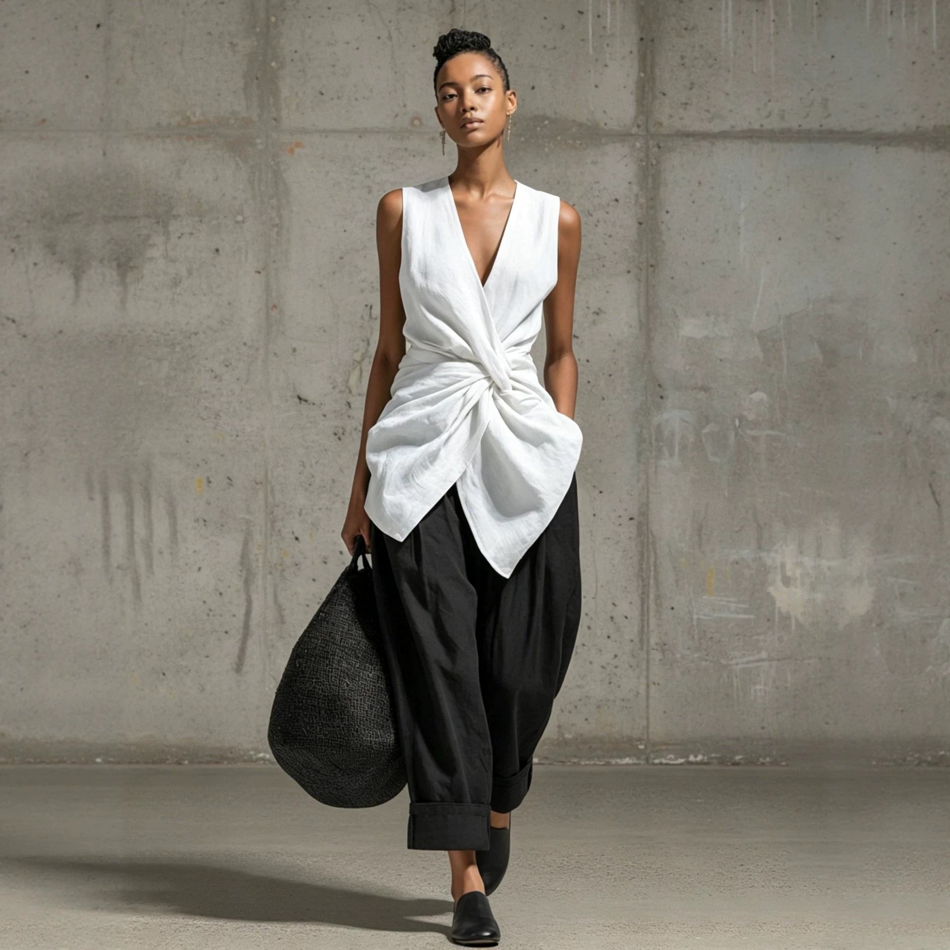 Ensemble top sans manches à col en V noué devant et pantalon large pour femme