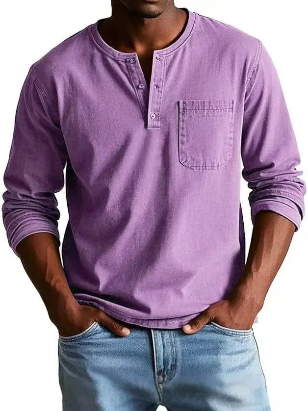 Men's V-neck Long-sleeved Pullover Top with Button Design