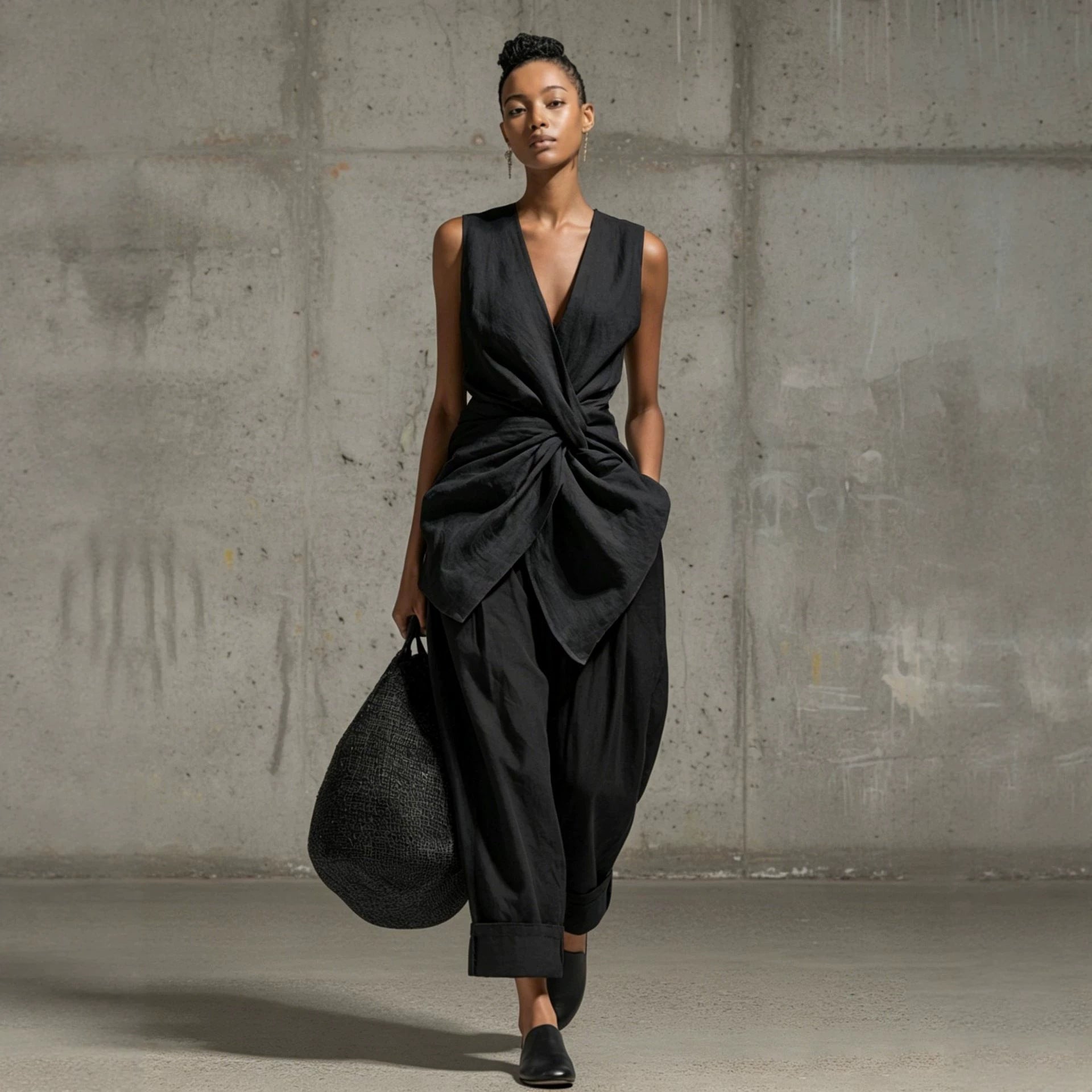 Ensemble top sans manches à col en V noué devant et pantalon large pour femme