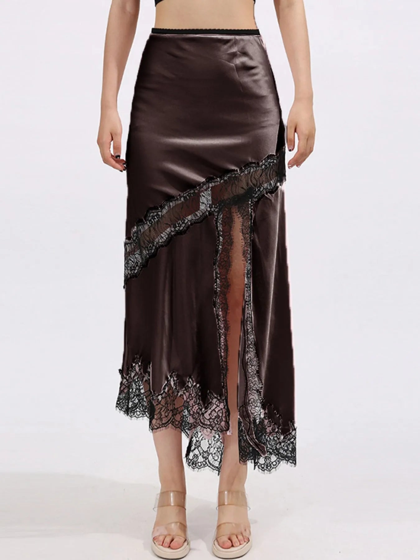Lace Trim Asymmetrical Midi Skirt See size chart under “more details”