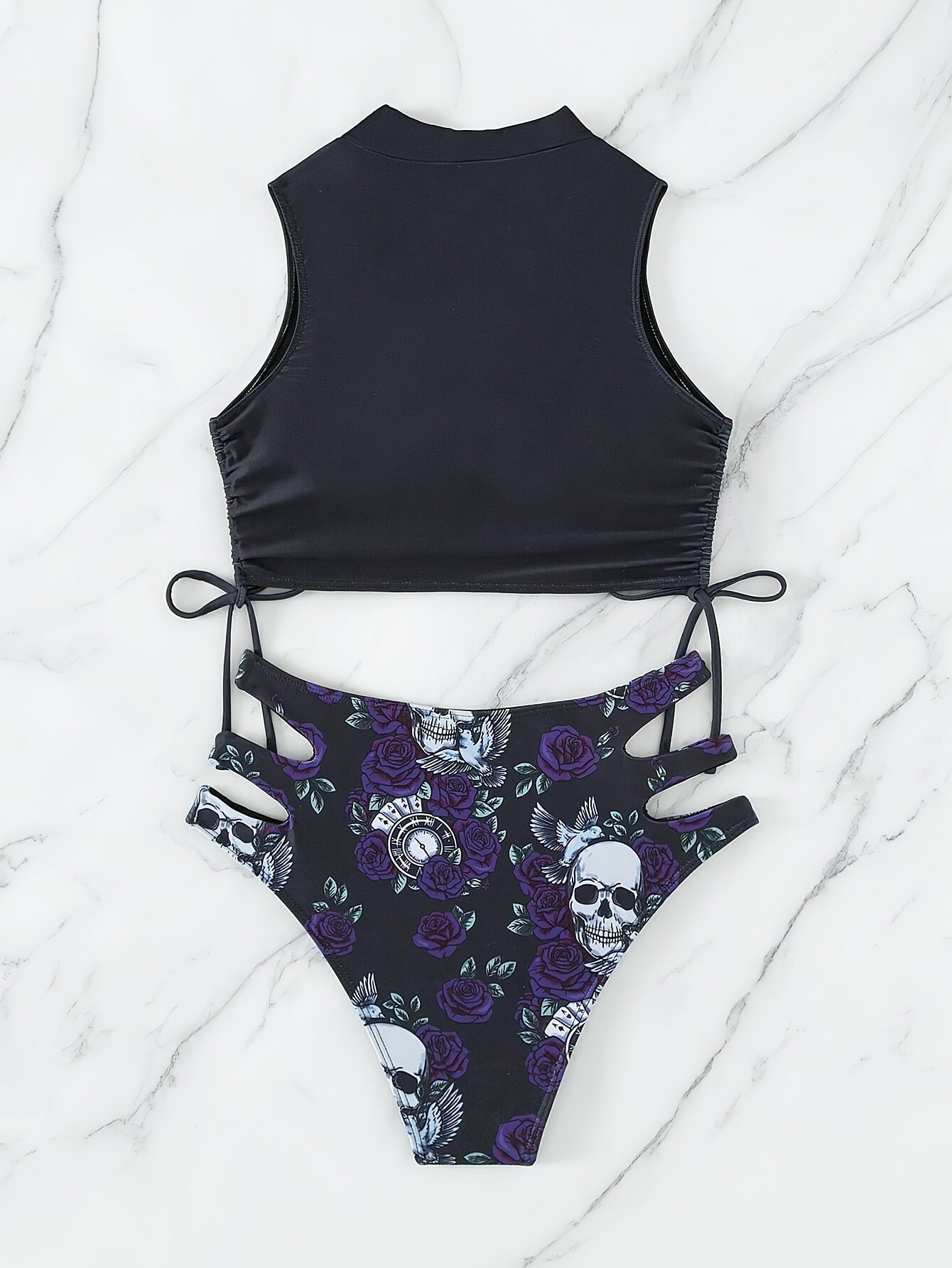 Bikini Skull Print Hollow-Out 2 Piece Swimsuit for Women – Sexy Lace-Up Floral Tie Bathing Suit with Crew Neck – High Stretch Halloween Inspired Bikini Set for Beach Party, Festival, and Summer Vacation