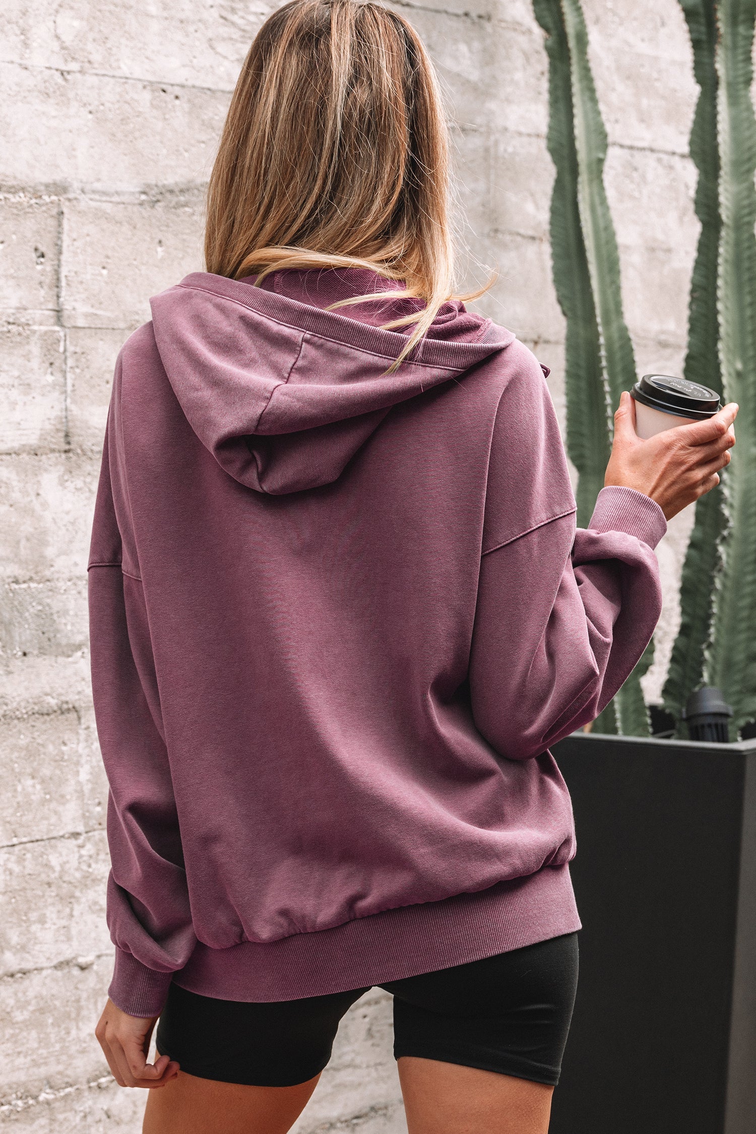 Black Half Zip Kangaroo Pocket Mineral Wash Baggy Hoodie