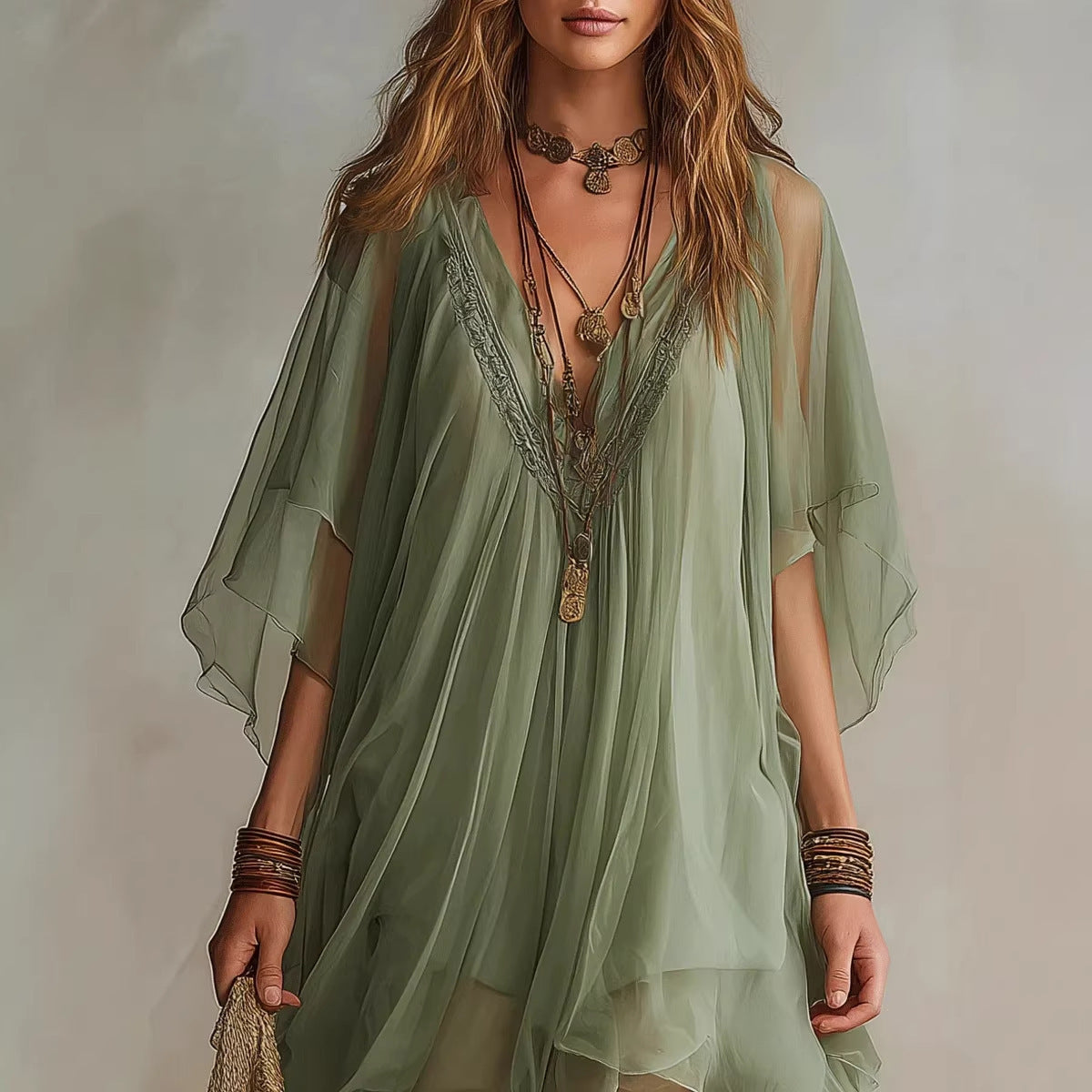 Robe de plage bohème en mousseline de soie à manches chauve-souris et col en V pour femme