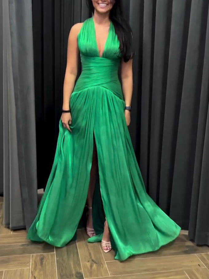 Emerald Green Plunging Neckline Gown With Pleated Skirt And Side Slit See size chart under “more details”