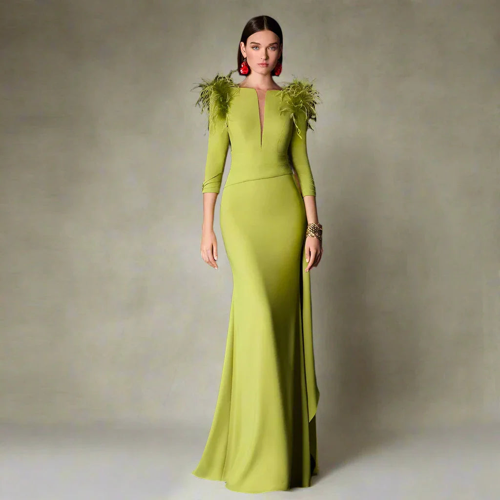 Women Classic Satin Feather Ruffles Button Formal Evening Long Dresses