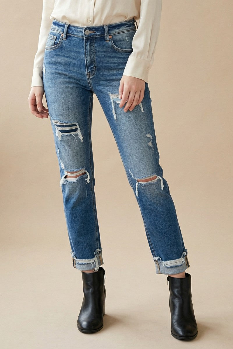 Mesh Tummy Control High Rise Straight w/ Single Cuff Jeans